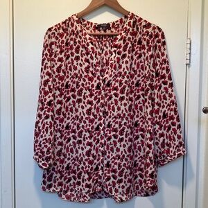 NYDJ V Neck Pin Tuck Blouse Top Red Black Large